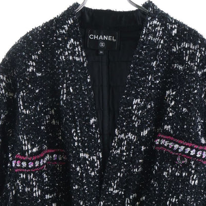 Chanel CC Logo Button Belt Tweed Sequin Jacket Black Silver