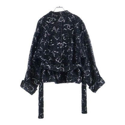 Chanel CC Logo Button Belt Tweed Sequin Jacket Black Silver