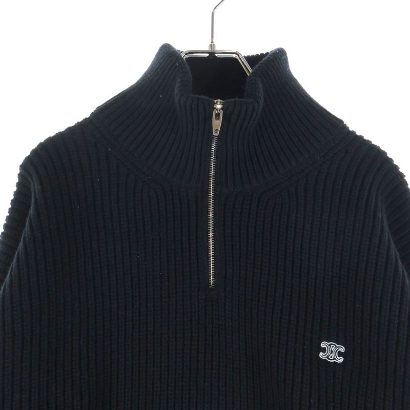 Celine Trucker Sweater Triomphe Half Zip Knit Ribbed Wool Black