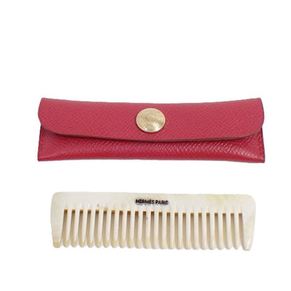 Hermes Comb Buffalo Horn Red Leather Hat Comb Beige White