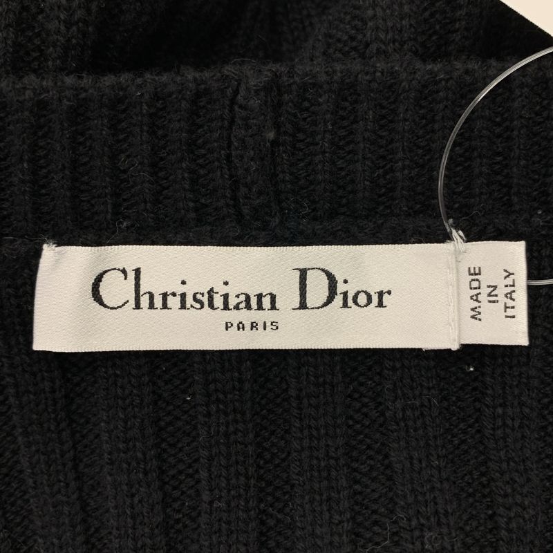 Dior Cashmere Pearl Logo Button Rib Knit Cardigan 36 Black