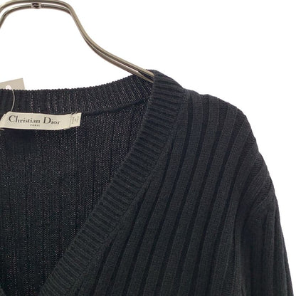 Dior Cashmere Pearl Logo Button Rib Knit Cardigan 36 Black