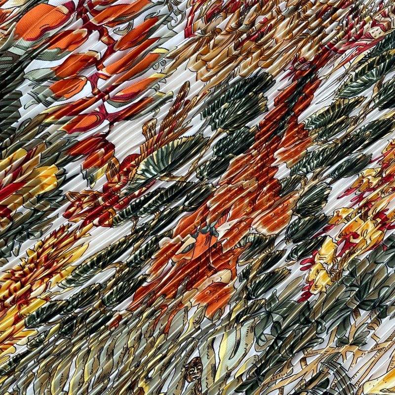 Hermes Scarf Pleated Silk Plant All Over Pattern Brown