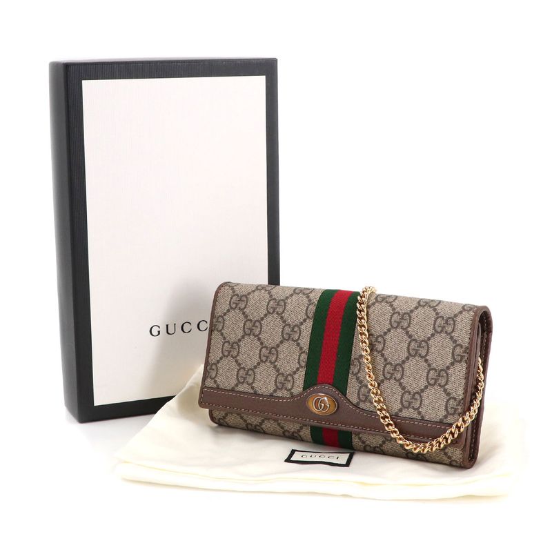 Gucci Ophidia GG Chain Wallet Bifold Supreme Beige Brown