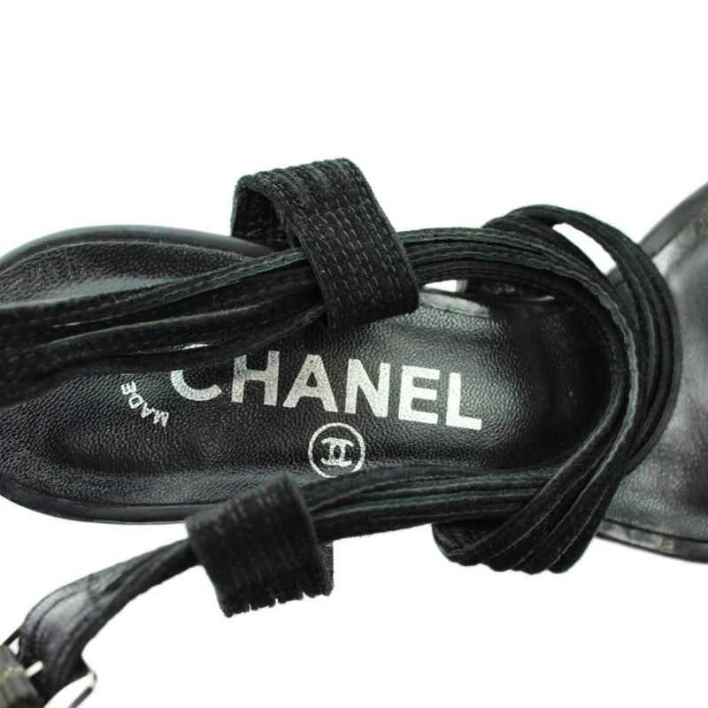 Chanel Sandals Wedge Sole Leather Ankle Strap Logo 38.5 Black