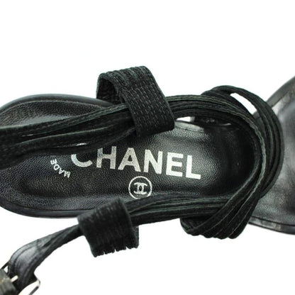 Chanel Sandals Wedge Sole Leather Ankle Strap Logo 38.5 Black