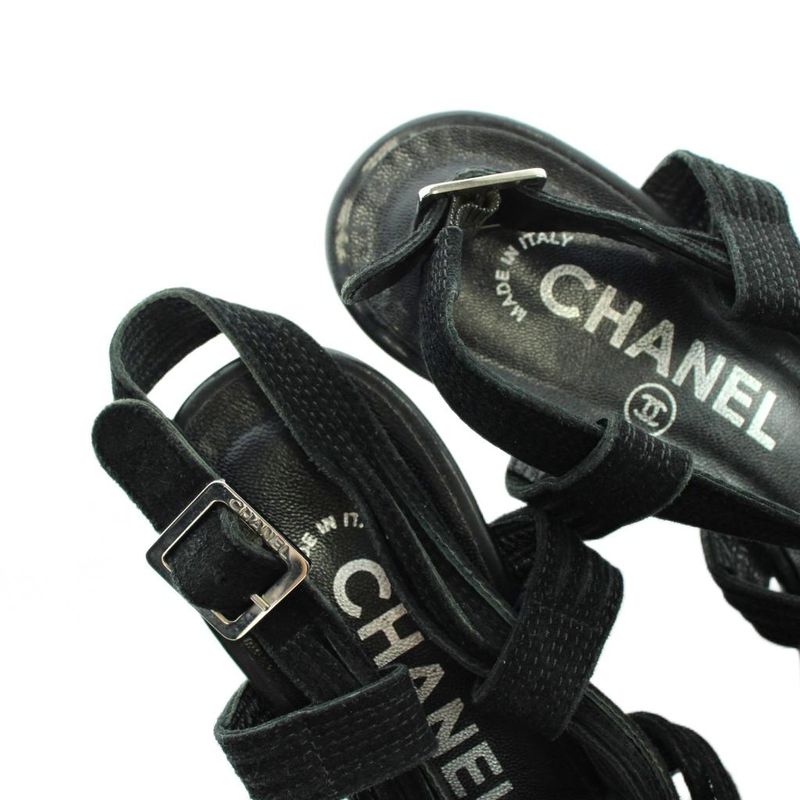 Chanel Sandals Wedge Sole Leather Ankle Strap Logo 38.5 Black