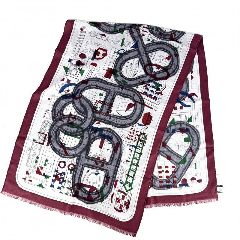 Hermes Scarf Rectangular Prime Shawl Cashmere Silk Gray Red Black