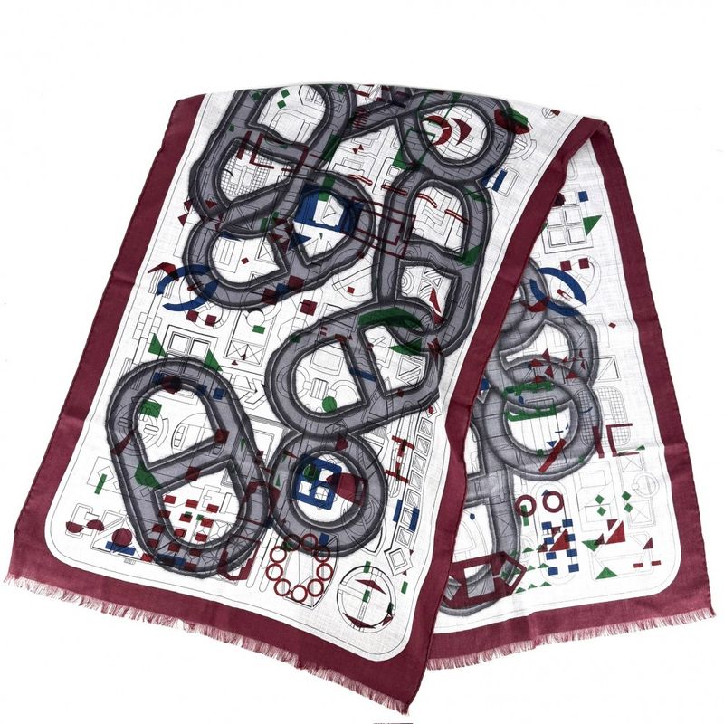 Hermes Scarf Rectangular Prime Shawl Cashmere Silk Gray Red Black