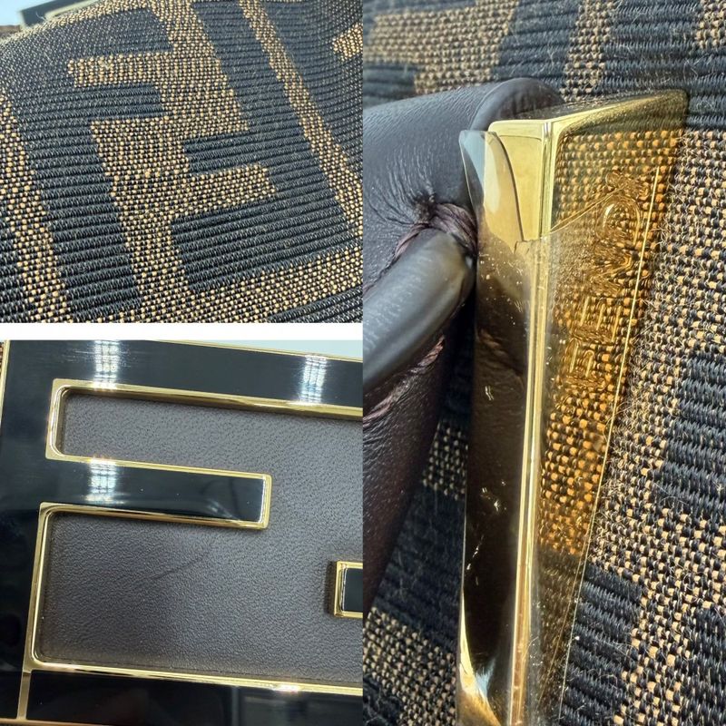 Fendi Handbag Zucca Canvas Leather Brown Gold