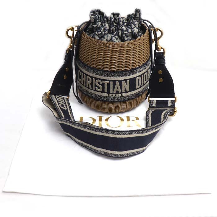 Dior Oblique Wicker Raffia Bucket Shoulder Bag Vo
