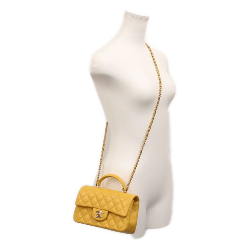 Chanel Yellow Lamb Top Handle Miniature Quilted 20 )yellow