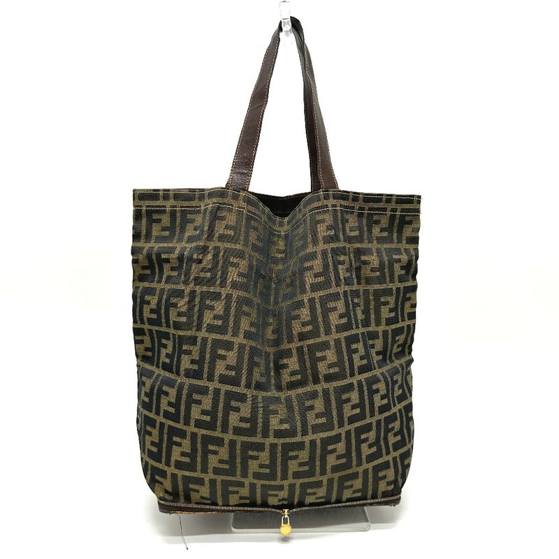 Fendi Tote Zucca Pattern Leather Canvas Brown