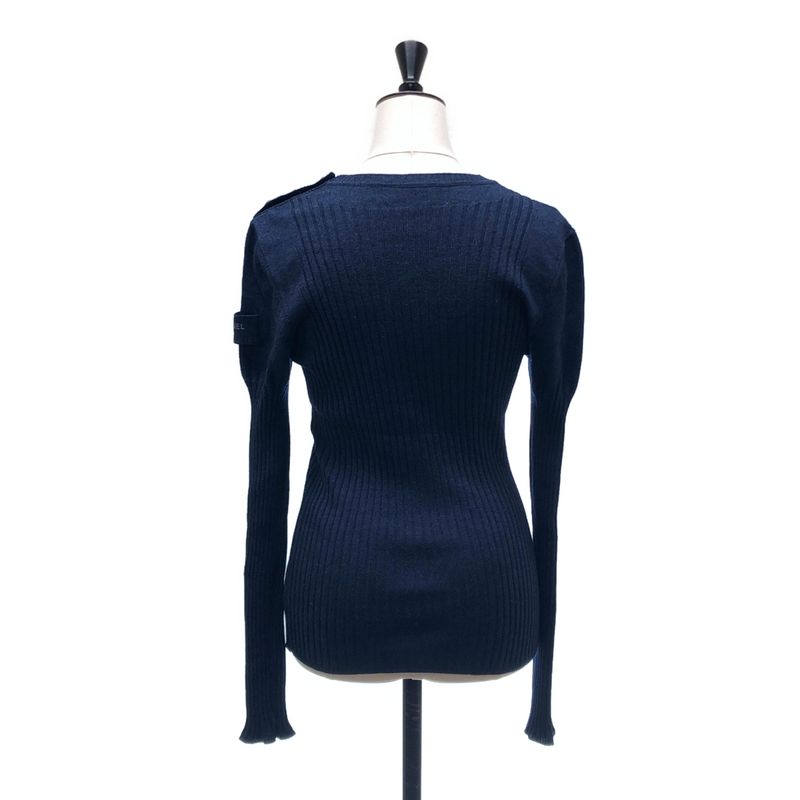 Chanel Wool Silk Coco Button Rib Knit Top 38 Navy