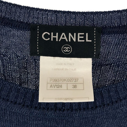Chanel Wool Silk Coco Button Rib Knit Top 38 Navy