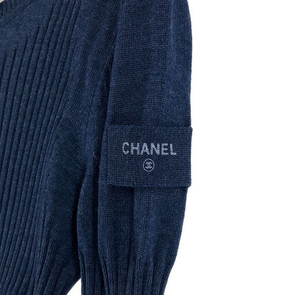 Chanel Wool Silk Coco Button Rib Knit Top 38 Navy