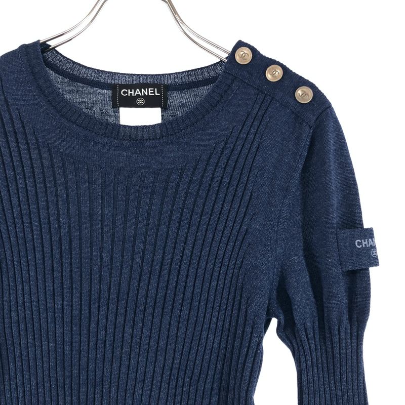 Chanel Wool Silk Coco Button Rib Knit Top 38 Navy