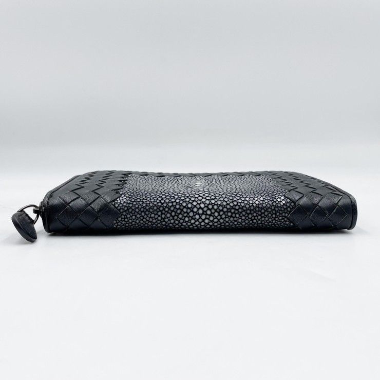 Bottega Veneta Wallet Intrecciato Black Stingray Lambskin Zip Around