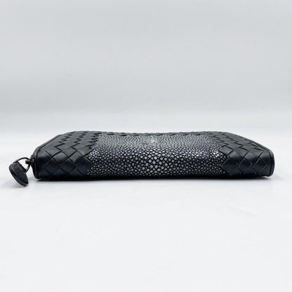 Bottega Veneta Wallet Intrecciato Black Stingray Lambskin Zip Around