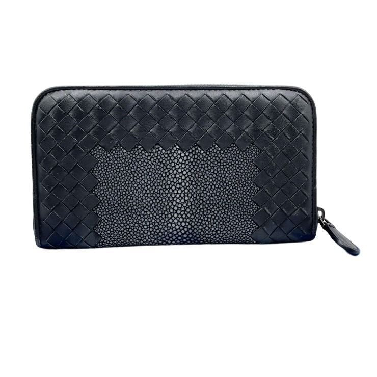 Bottega Veneta Wallet Intrecciato Black Stingray Lambskin Zip Around