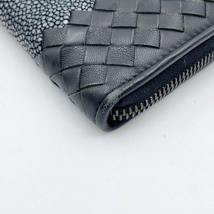 Bottega Veneta Wallet Intrecciato Black Stingray Lambskin Zip Around