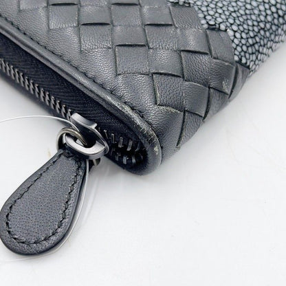 Bottega Veneta Wallet Intrecciato Black Stingray Lambskin Zip Around