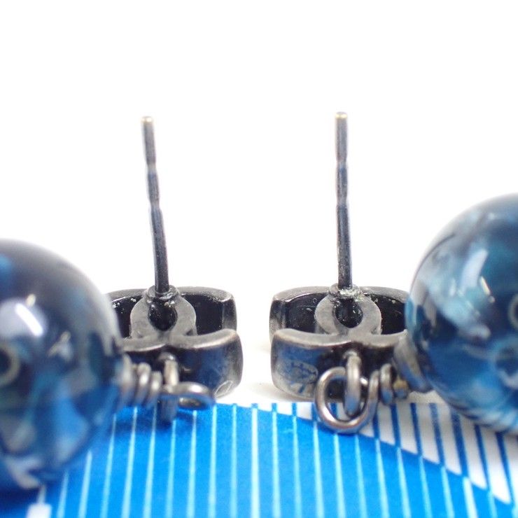 Chanel Earrings CC Logo Ball Navy Silver Resin Metal Marble