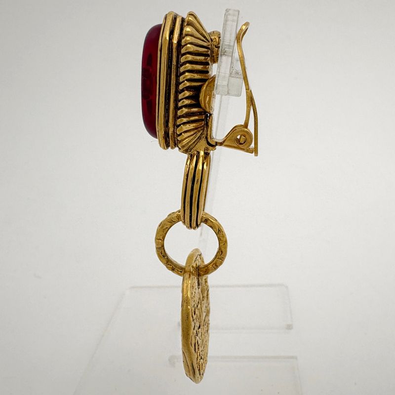 Chanel CC Logo Color Stone Earrings Gripoix Swing Gold Plated Red