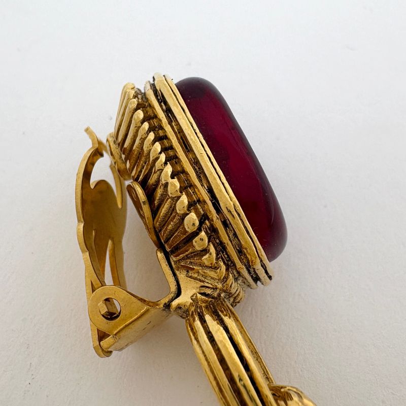 Chanel CC Logo Color Stone Earrings Gripoix Swing Gold Plated Red