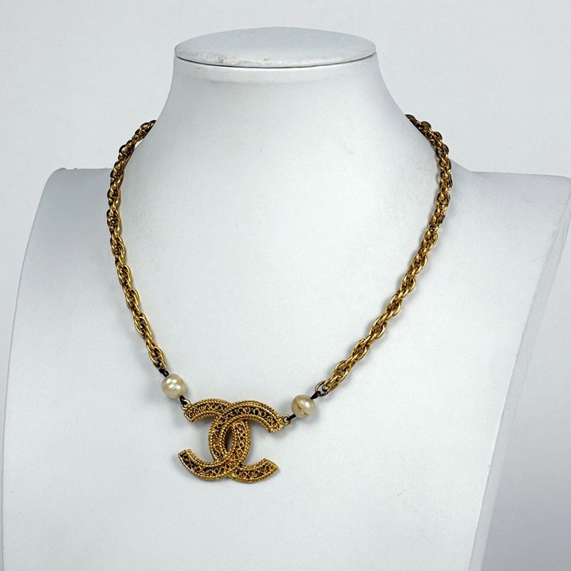 Chanel CC Logo Faux Pearl Necklace Gold Plated