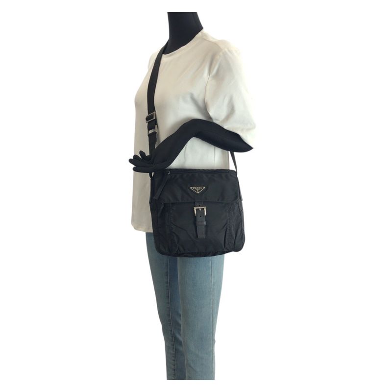 Prada Tessuto Black Silver Nylon Leather Shoulder Bag