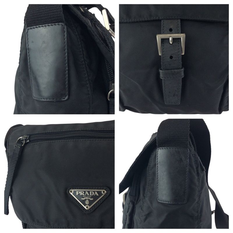 Prada Tessuto Black Silver Nylon Leather Shoulder Bag