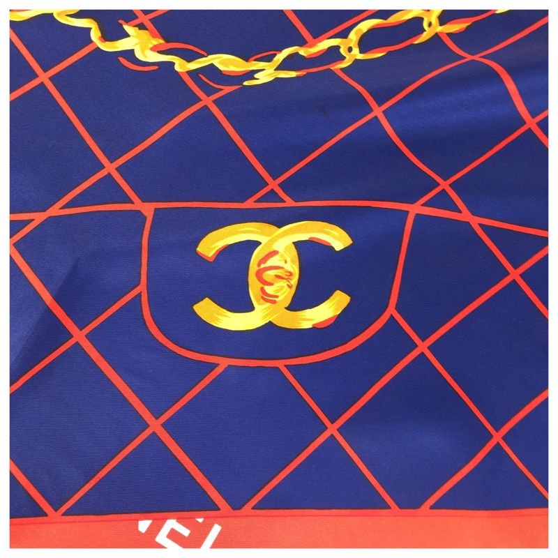 Chanel CC Logo Quilted Pattern Red Navy Black Silk Scarf Navy
