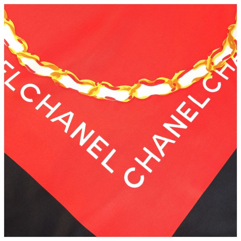 Chanel CC Logo Quilted Pattern Red Navy Black Silk Scarf Navy