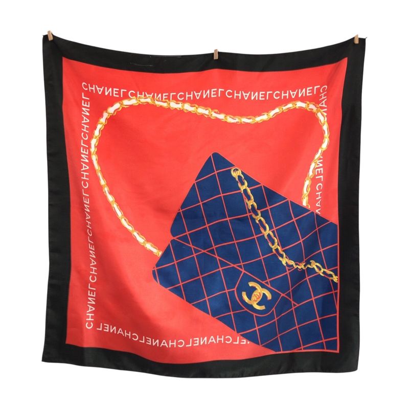 Chanel CC Logo Quilted Pattern Red Navy Black Silk Scarf Navy