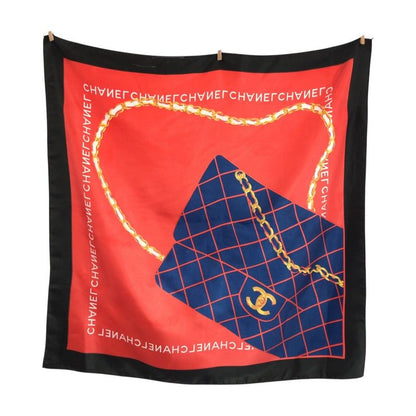 Chanel CC Logo Quilted Pattern Red Navy Black Silk Scarf Navy