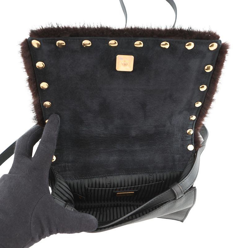 Fendi Shoulder Bag Check Studded Leather Fur