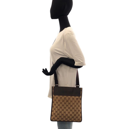 Gucci Brown Beige Silver GG Canvas Leather Shoulder Bag Pochette