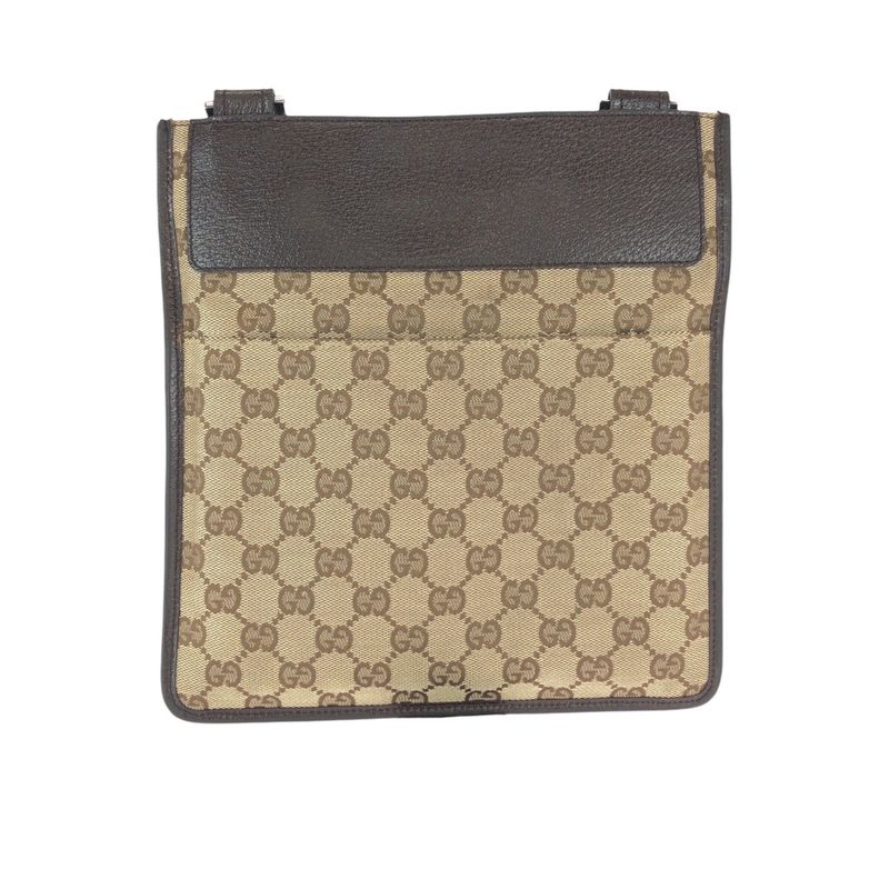 Gucci Brown Beige Silver GG Canvas Leather Shoulder Bag Pochette