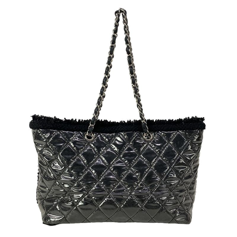 Chanel Tote Patent Toilette Chain Black Clear Shoulder Silver