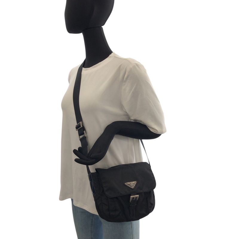 Prada Tessuto Black Silver Nylon Leather Shoulder Bag