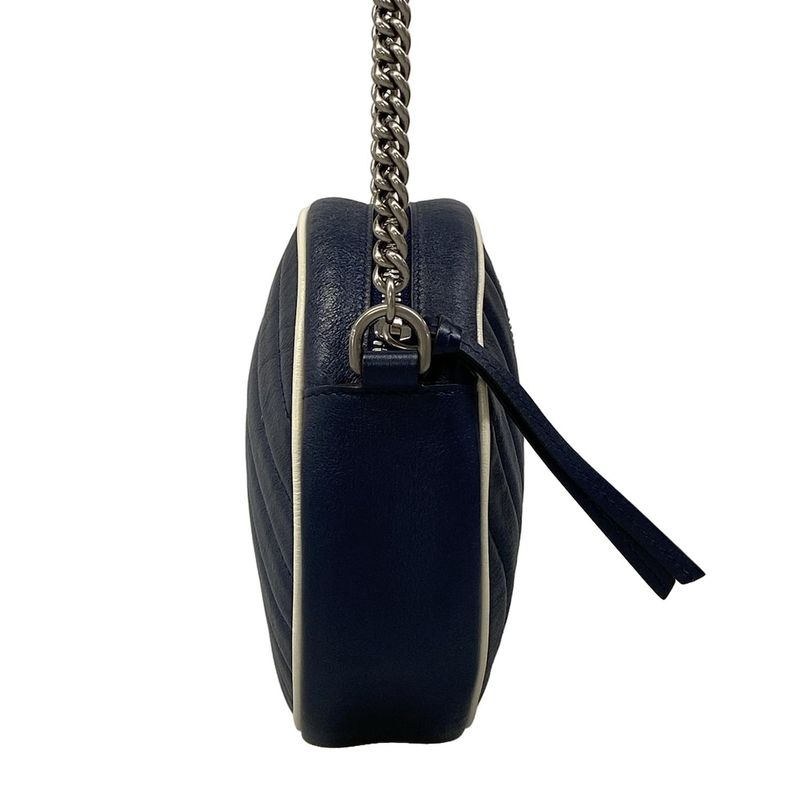 Gucci Shoulder Bag GG Marmont Round Mini Navy White Chain