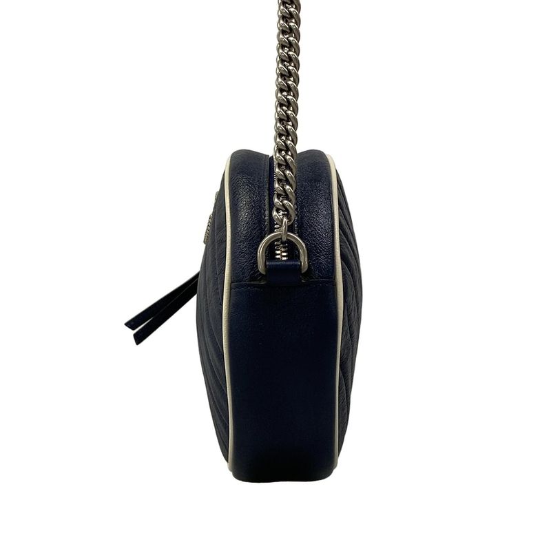 Gucci Shoulder Bag GG Marmont Round Mini Navy White Chain