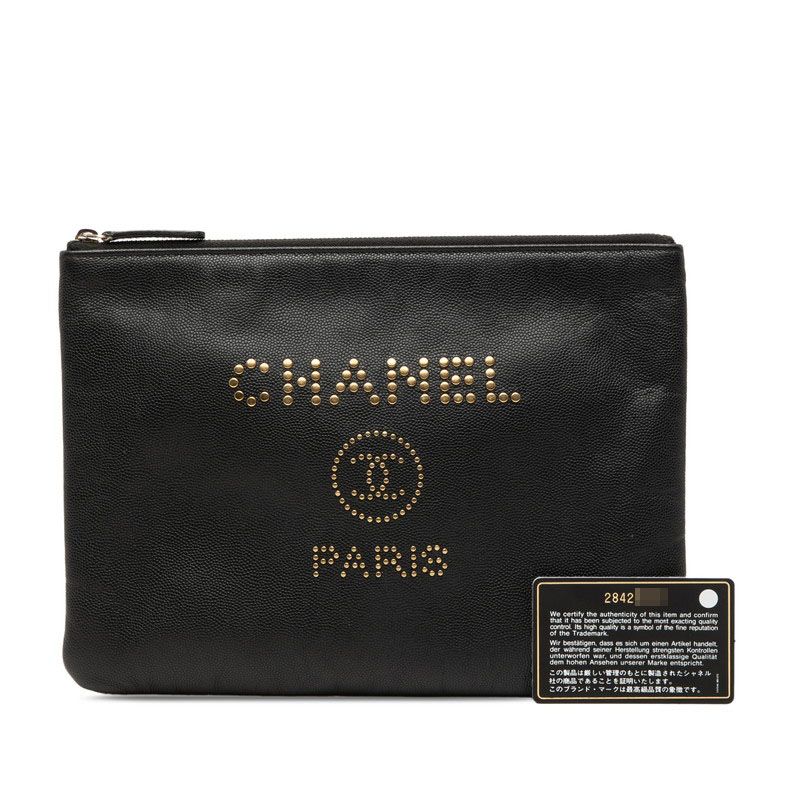 Chanel Studs CC Logo Black Caviar Leather Clutch