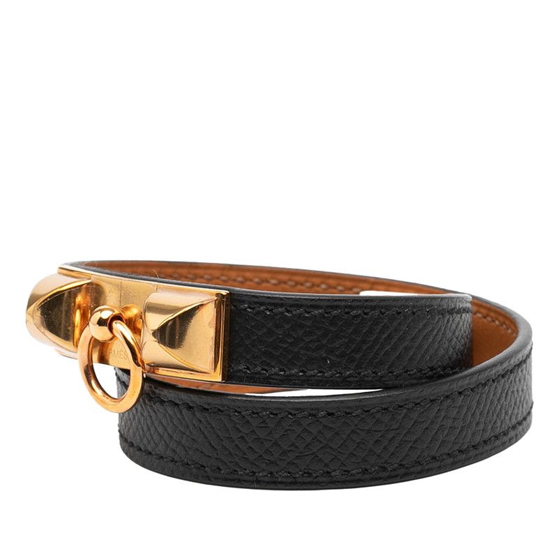 Hermes Rival Double Tour Bracelet 2 s Black Gold Veau Epsom Plated