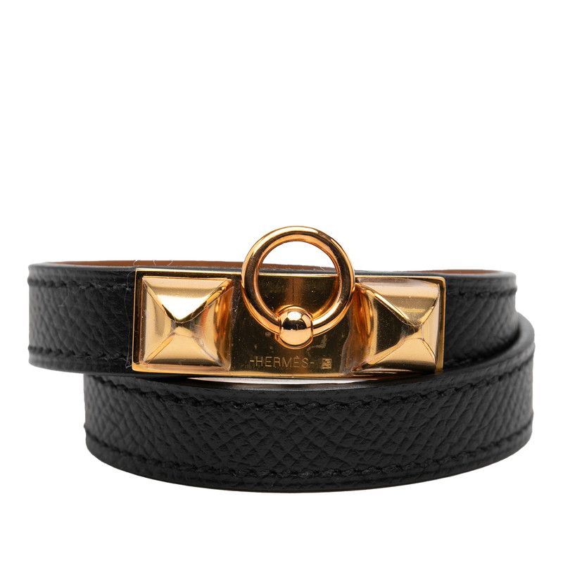 Hermes Rival Double Tour Bracelet 2 s Black Gold Veau Epsom Plated