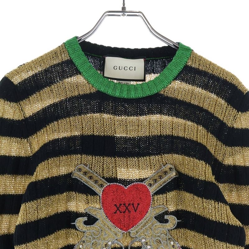 Gucci Patch Long Sleeve Lame Thread Sweater Black Gold