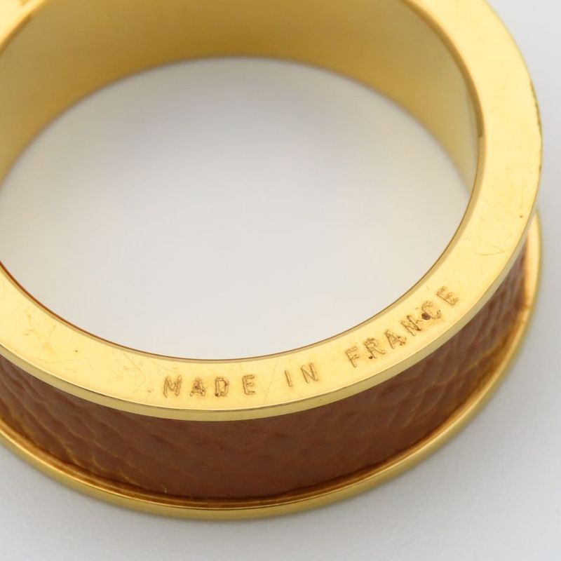 Hermes Scarf Ring Kelly Cadena Motif Metal Leather Gold Brown Plated