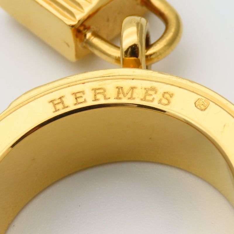 Hermes Scarf Ring Kelly Cadena Motif Metal Leather Gold Brown Plated
