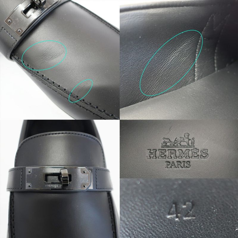 Hermes Moccasins Mind Loafers Kelly Black Calf Notation 42